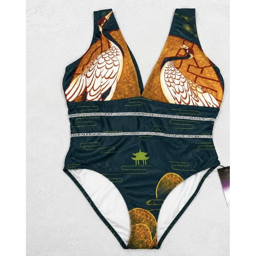Women's Green Crane Print One-Piece Swimsuit